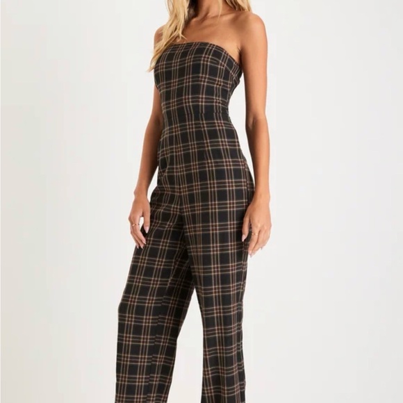 Lulus Sophisticated Mood Black Plaid Strapless Straight Leg Jumpsuit - Size M - Picture 3 of 5